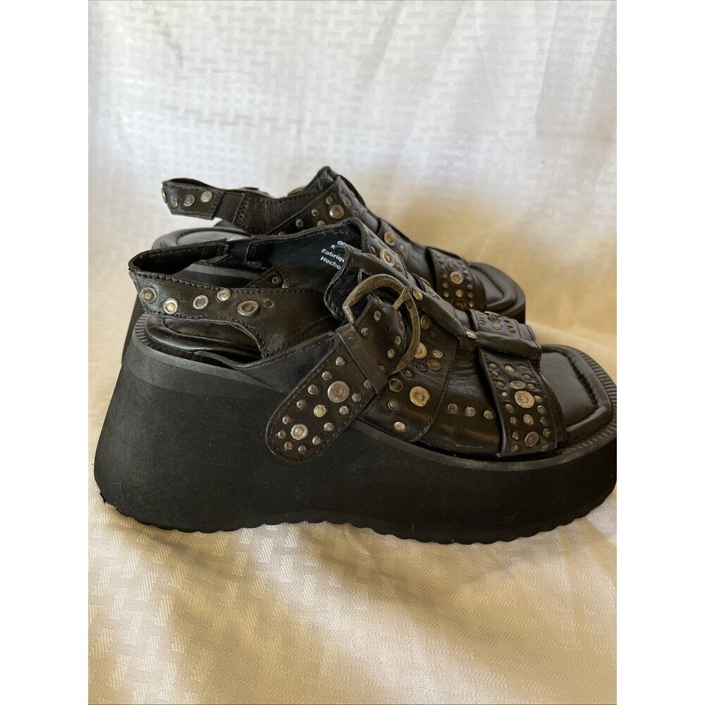 Free People Ace Studded Wedges Womens 7 Platform Black Leather Whimsy Goth - Picture 3 of 8